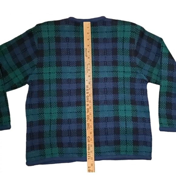 Vintage Crystal Kobe Cardigan Acryli Sweater Green Tartan Plaid Gold Buttons 80s - Picture 11 of 12